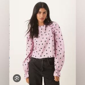 Glamorous Juniors Pink and Black Floral Poplin Puff Sleeve Top - Size L